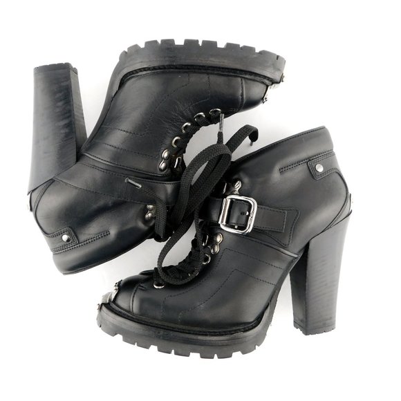 MIU MIU Black Leather Steel Plated Toe Lace Up Buckled Block Heel Booties 35 - Picture 5 of 9